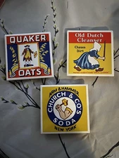 Vintage 1982 Ceramic Tile Trivet Set Arm & Hammer Quaker Oats Old Dutch Cleanser