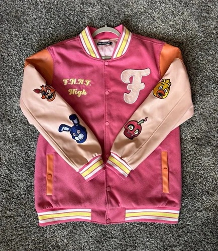 THEORYWEAR MENS FNAF Varsity Fleece Jacket XL Pink Embroidered Patch Pockets - product listing photo