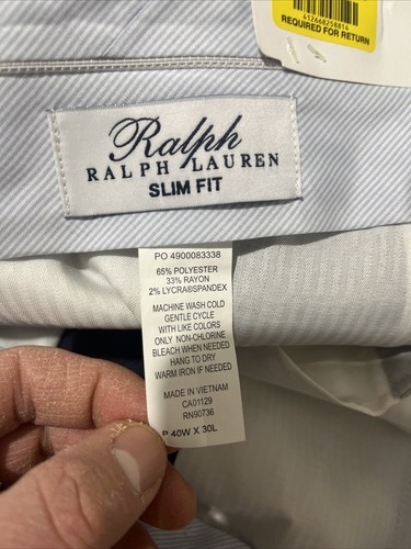Ralph Ralph Lauren Comfort Flex Pants Mens 40x30 Blue Check Flat Front Slim NEW - Picture 7 of 7