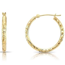 14K Solid Yellow Gold Hand Engraved X Diamond-Cut Round Hoop Earrings All Sizes