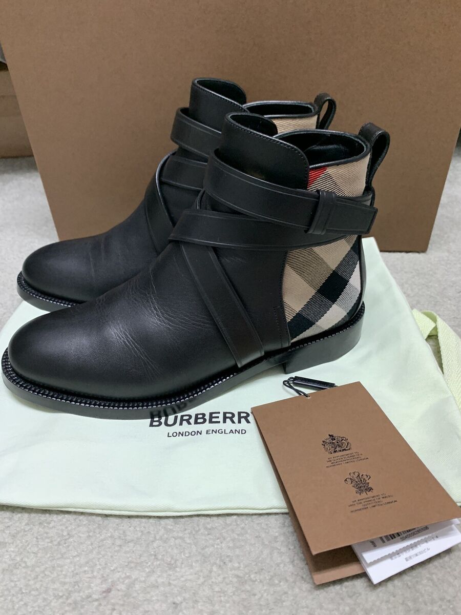 BURBERRY Women Bootie House Check Print Leather Ankle Boots BURBERRY Women Bootie House Check Print Leather Ankle Boots