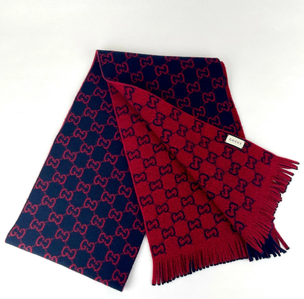 Gucci Midnight Blue Wool Red Monogram GG Long Scarf with Fringe