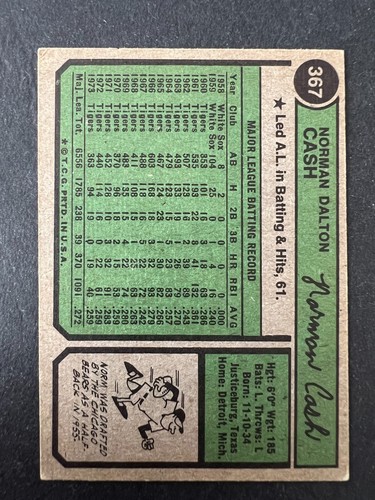 1974 Topps Norm Cash #367, copy3 - 50% off 5 or more under $5 - Picture 2 of 2