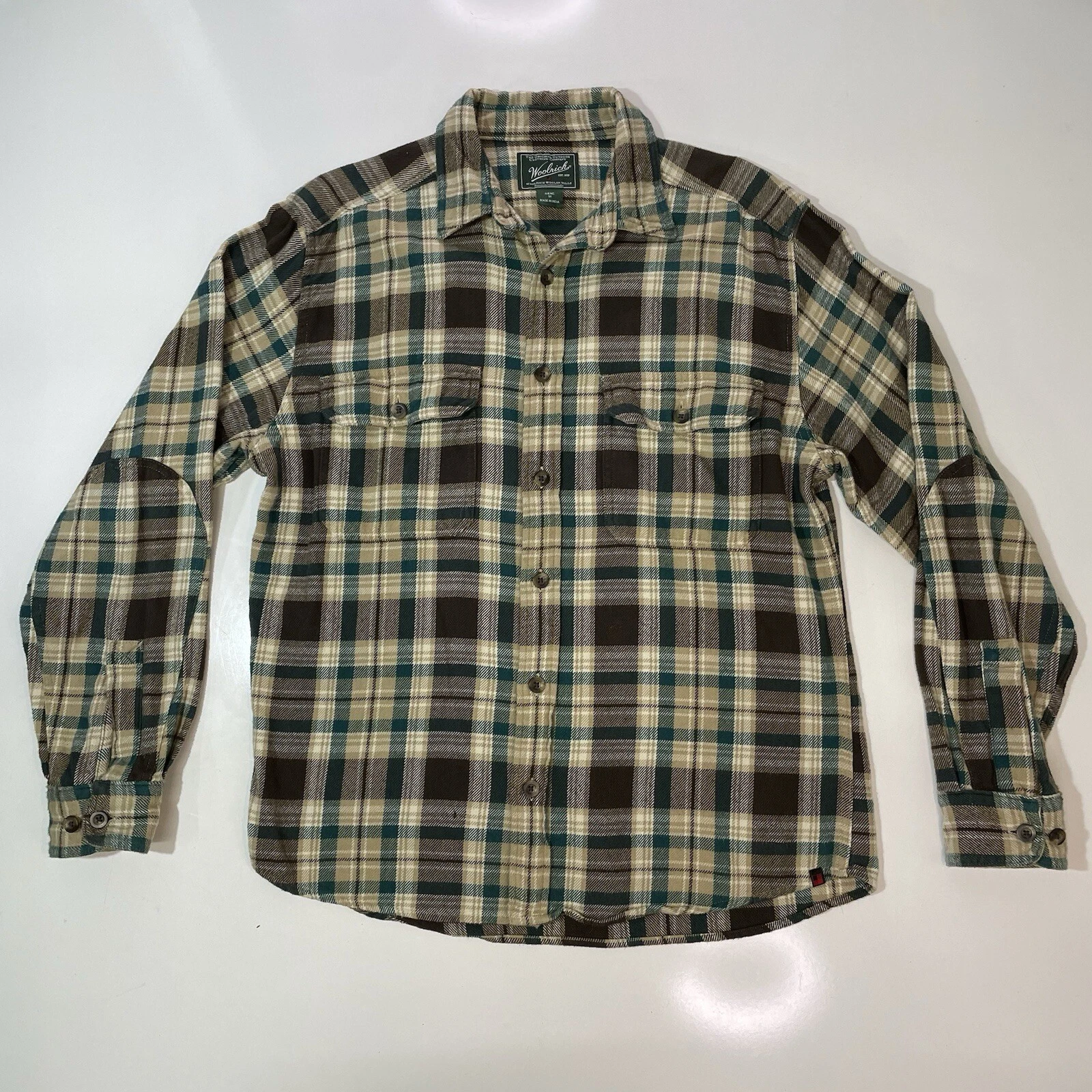 Woolrich Men's Green Blue Plaid Flannel Long Sleeve Shirt Size M Outdoor Hiking