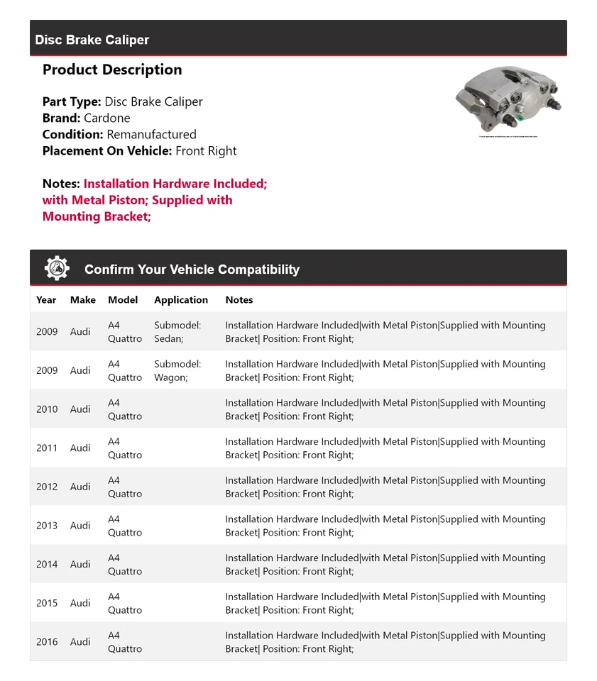 Pinza de freno de disco delantera derecha cardone 2010 2011 para Audi A4 Quattro 2009-2016 Foto 2 de 4