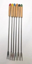 Vintage Set Of 6 Fondue Forks Stainless Steel Teak Wood MCM Colored Tips Japan 