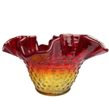 Vintage Fenton Amberina Red Orange Art Glass Hobnail Ruffled Bowl | Candy Dish 