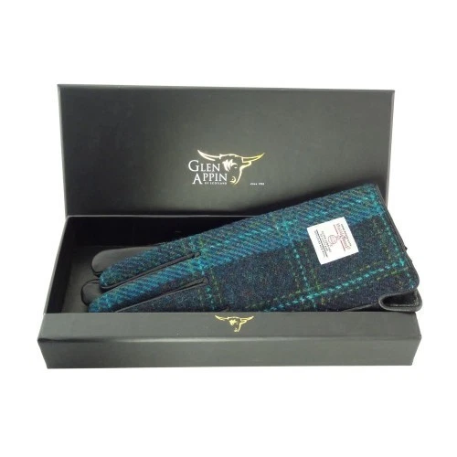 Ladies Authentic Harris Tweed Black Leather Gloves Boxed