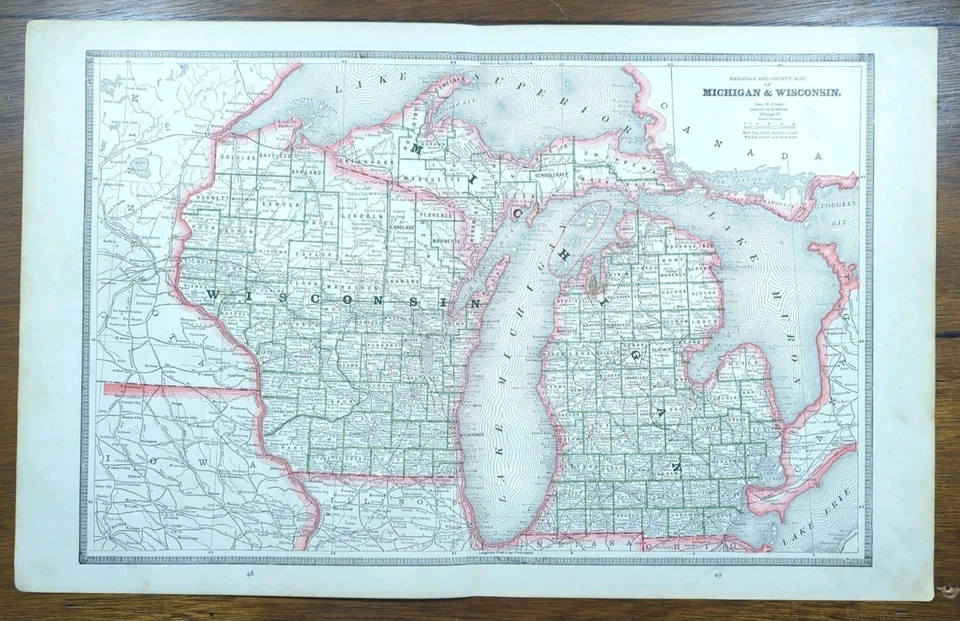 Vintage 1885 MICHIGAN WISCONSIN Map 21"x13" ~ Old Antique Original WATERSMEET MI - Image 2 of 4