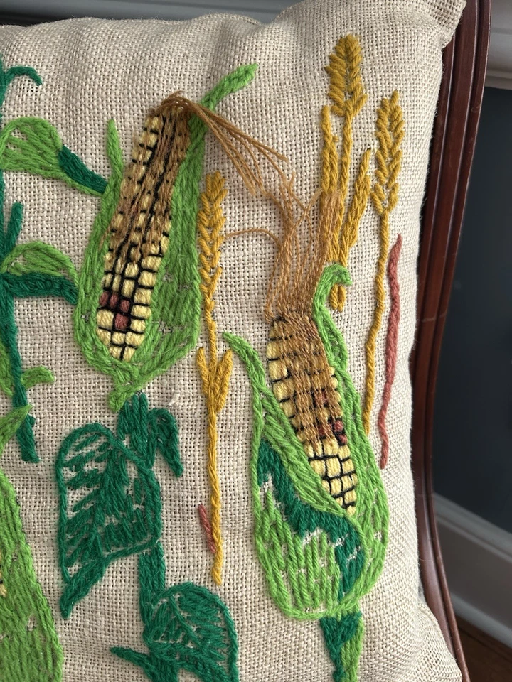 Handsewn Crewel Embroidered Corn Pillow Feed Sack Pillow Cover 15" x 17" - Image 3 of 4