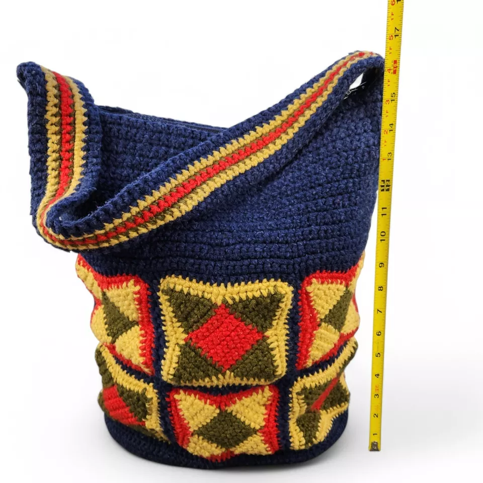 Vintage Crochet Shoulder Bag Lined Zipper Handmade Purse 1970's Boho Hippie Lg - Image 3 of 4
