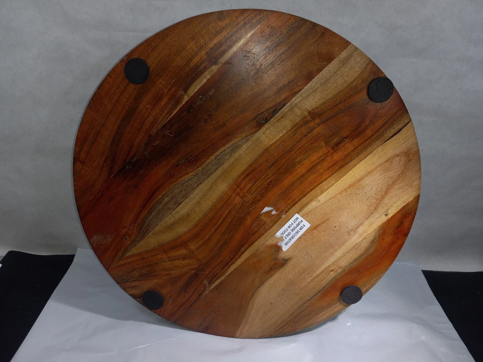 Vintage Large Round Wooden Serving Tray Circular Metal Handles - 17 3/4" - Image 4 of 4