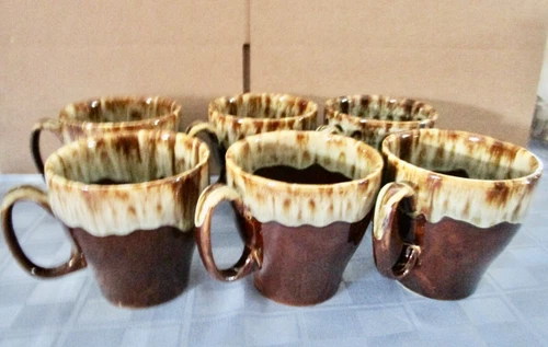 Vintage Pottery Coffee Mugs Cups Brown Drip Glaze  USA Made Set Of 6  (U2-5)