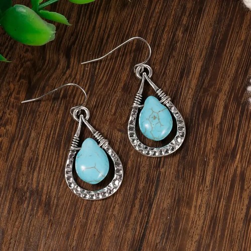 Hammered Teardrop Turquoise Stone Dangle Drop Earrings Silver - Picture 5 of 7