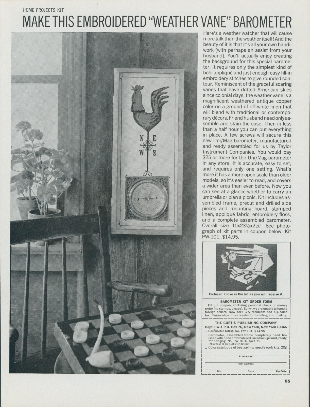 1965 Embroidered Weather Vane Kit Barometer Taylor Instrument Print Ad