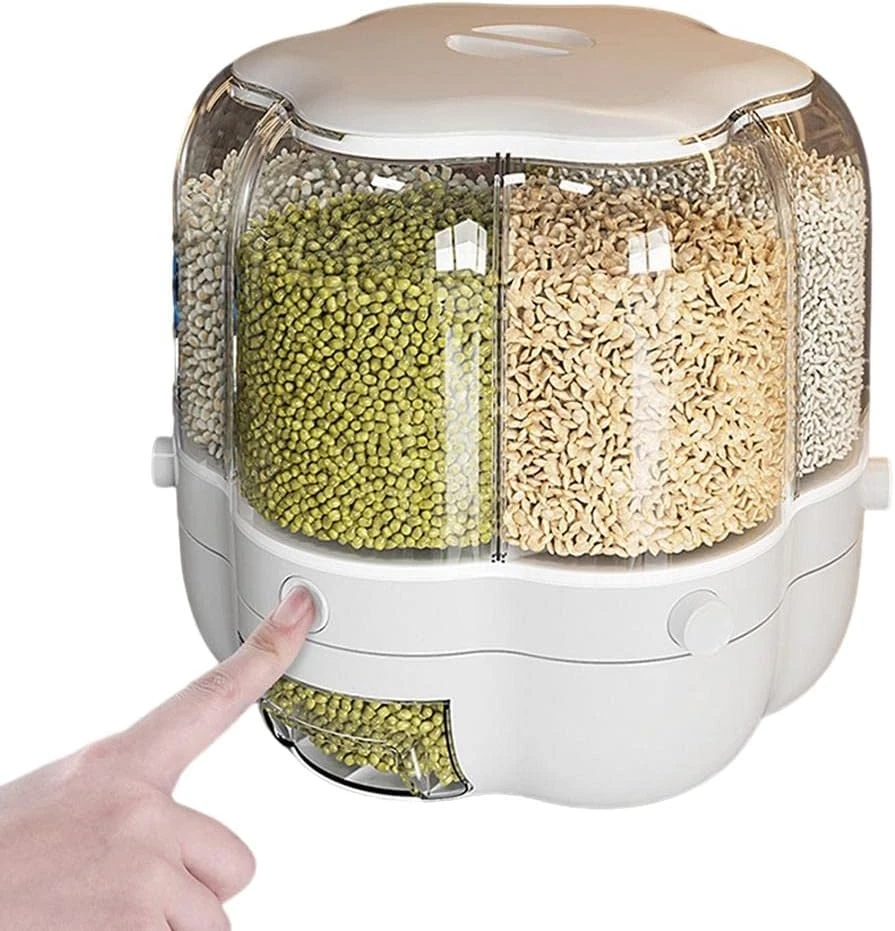 Large 6-Grid Rice Dispenser - Rotatable Food Storage Container 14.3LB White