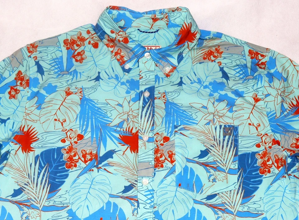 Camisa de pesca masculina botânica radical manga curta botão para baixo Huk Kona tamanho grande - Imagem 2 de 4