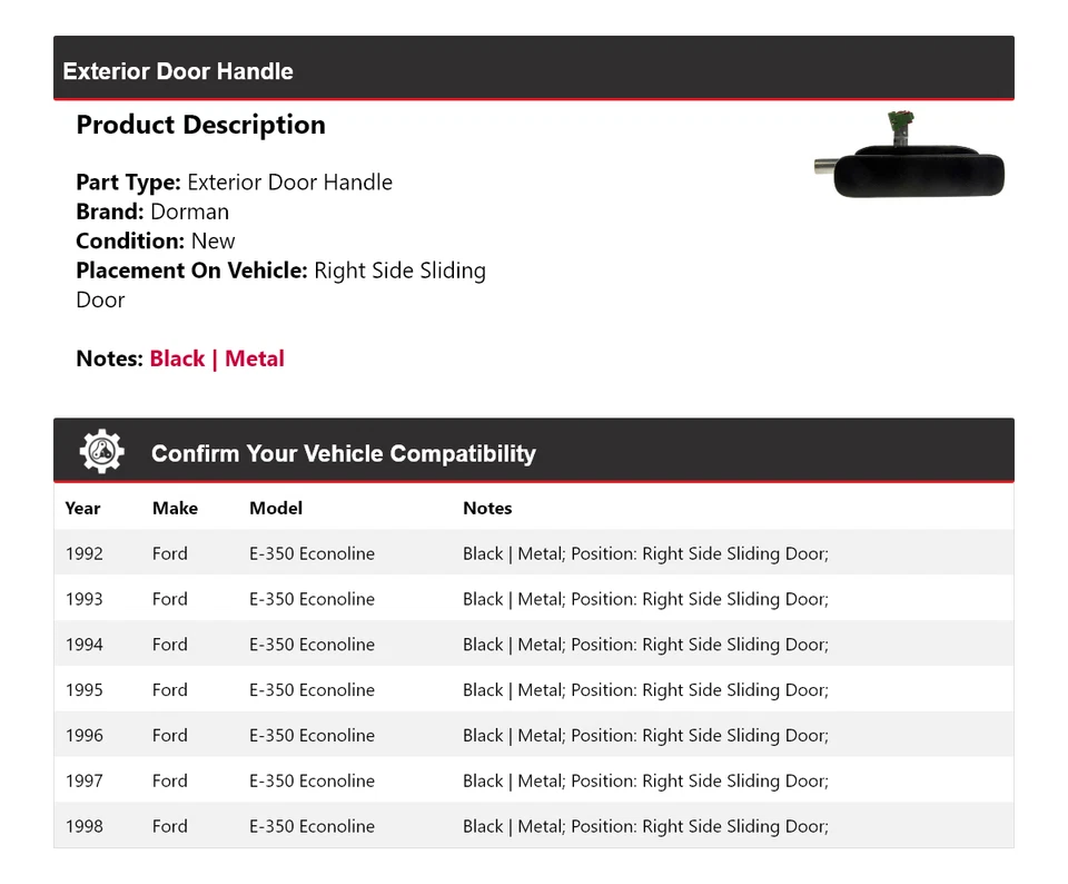 Manija de puerta exterior para Ford E-350 Econoline Dorman 1992-1998 1993 1994 1995 Foto 2 de 4