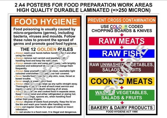 CP COMPLIANCE POSTERS UK FOOD HYGIENE PREVENT CROSS CONTAMINATION & KITCHEN RULES 2 A4 LAMINATED POSTERS