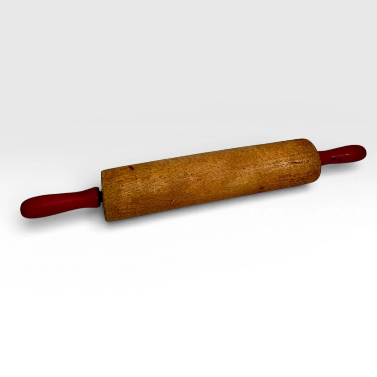Vintage 1950s Wood Rolling Pin Nice Patina Red Handles Metal Bearings and Shaft