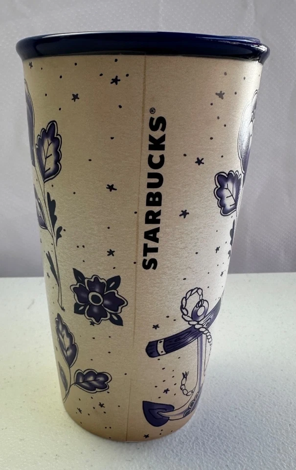 STARBUCKS 2016 BLUE Mermaid Siren Sailor Tattoo Ceramic Travel &lid 12oz Tumbler - Image 3 of 4