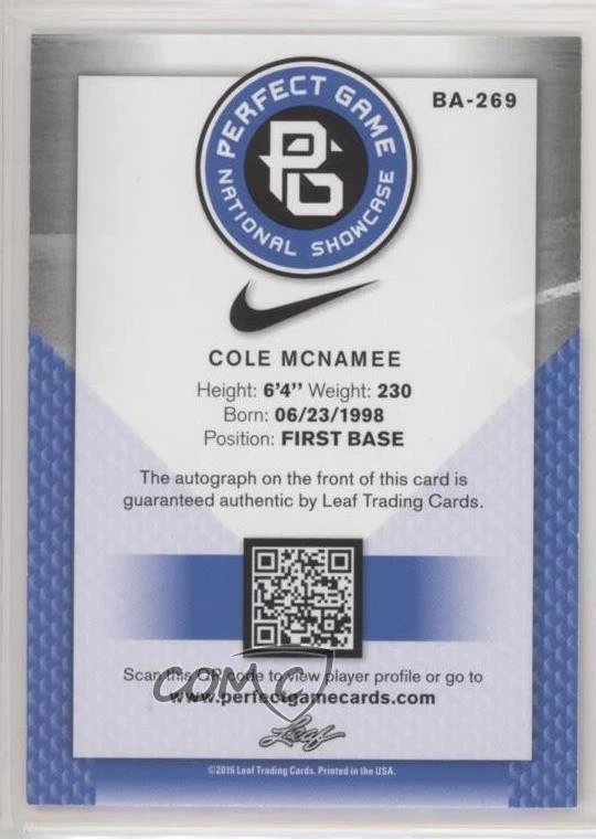 2016 Leaf Perfect Game National Showcase Red /5 Cole McNamee #BA-269 Auto - Image 2 of 2