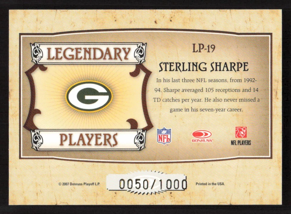 2007 Donruss Classics Sterling Sharpe Legendary Players Bronze #/1000 #LP-19 - Image 2 of 2