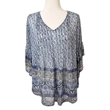 Style & Co Women's Top S Peasant Retro Scarf Print Pintuck Pleated Blue Sheer