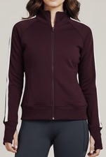 Athleta Circa Retro Track Jacket Aubergine White Stripe Full Zip Thumbholes S