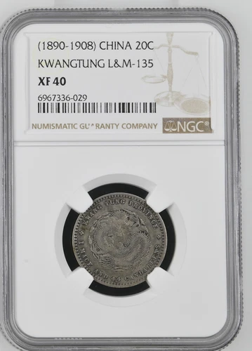 (1890-1908) China - KWANGTUNG L&M 135 - 20 Cent Silver Dragon - NGC XF 40
