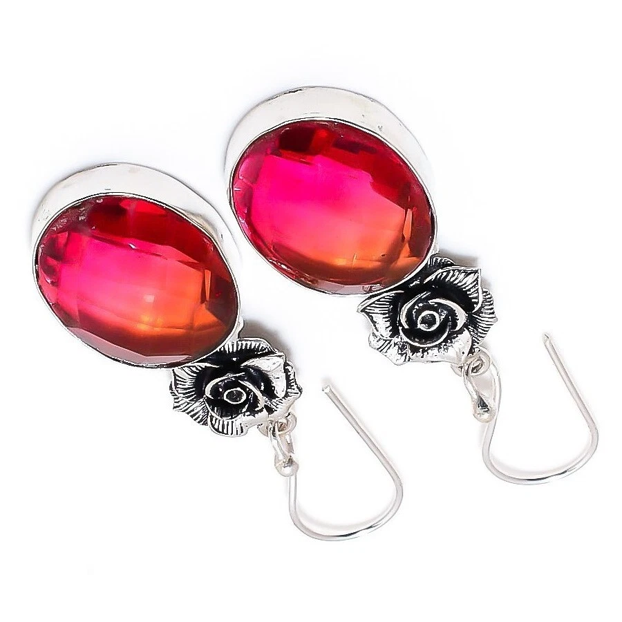 Bio Color Tourmaline Gemstone Handmade 925 Sterling Silver Jewelry Earrings 1.8" - Image 3 of 4