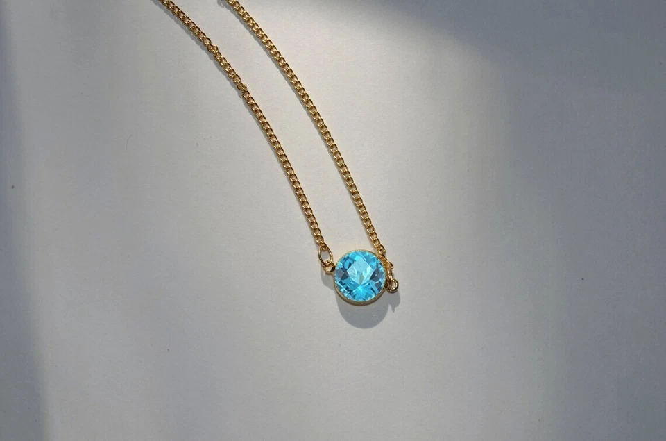 Collar Gargantilla Aguamarina Creada en Laboratorio Corte Redondo 2 Ct 15" Chapado en Oro Amarillo 14K Foto 3 de 4