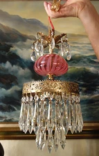 Crystal Vintage SWAG Lamp Chandelier Fenton Cranberry art Glass Tole Brass