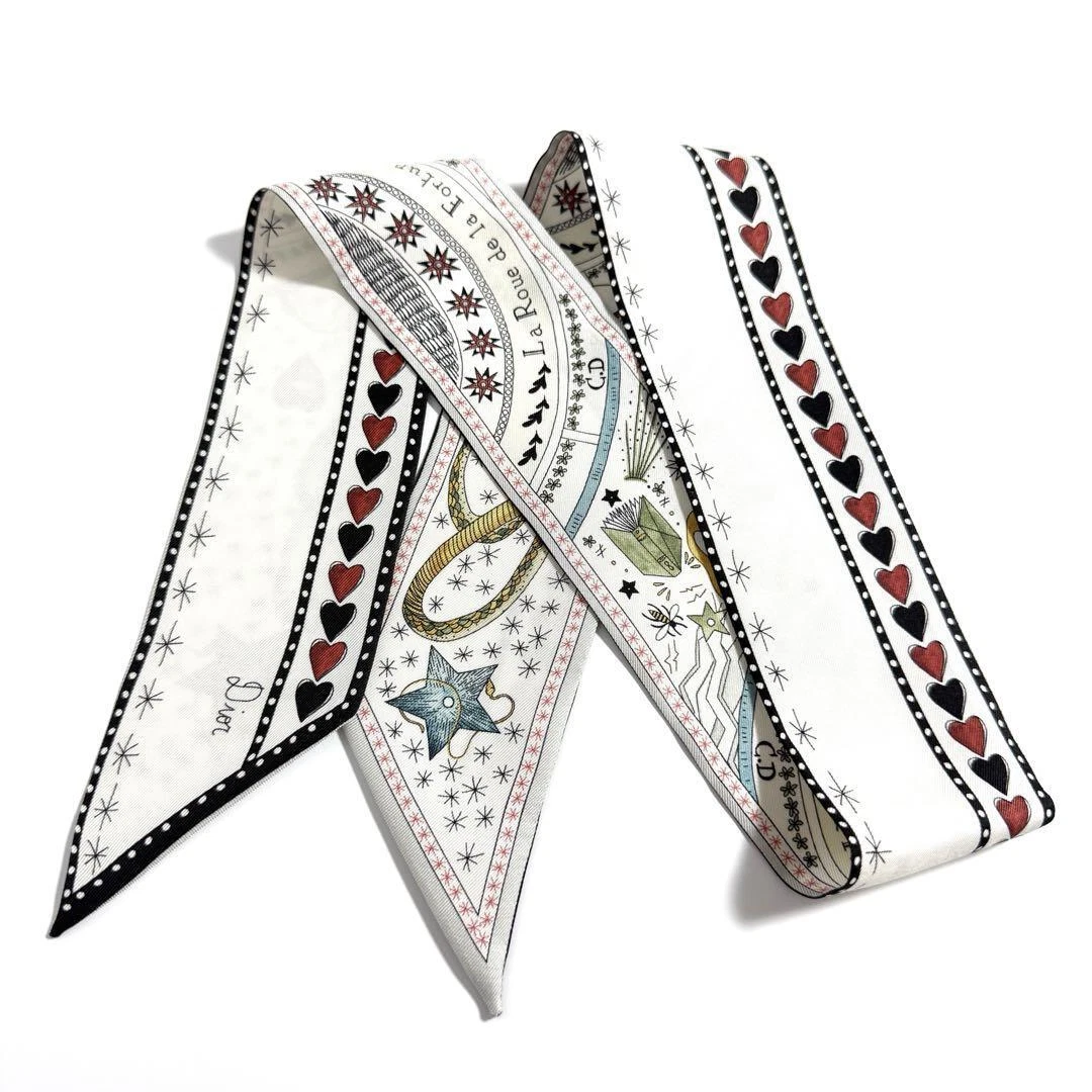 Authentique foulard Christian Dior motif coeur étoile multicolore soie 97 x 6 cm