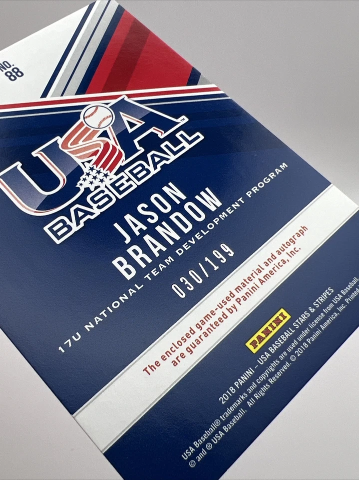 2018 Panini USA Baseball Stars & Stripes Jerseys Blue /199 Jason Brandon Auto - Image 4 of 4