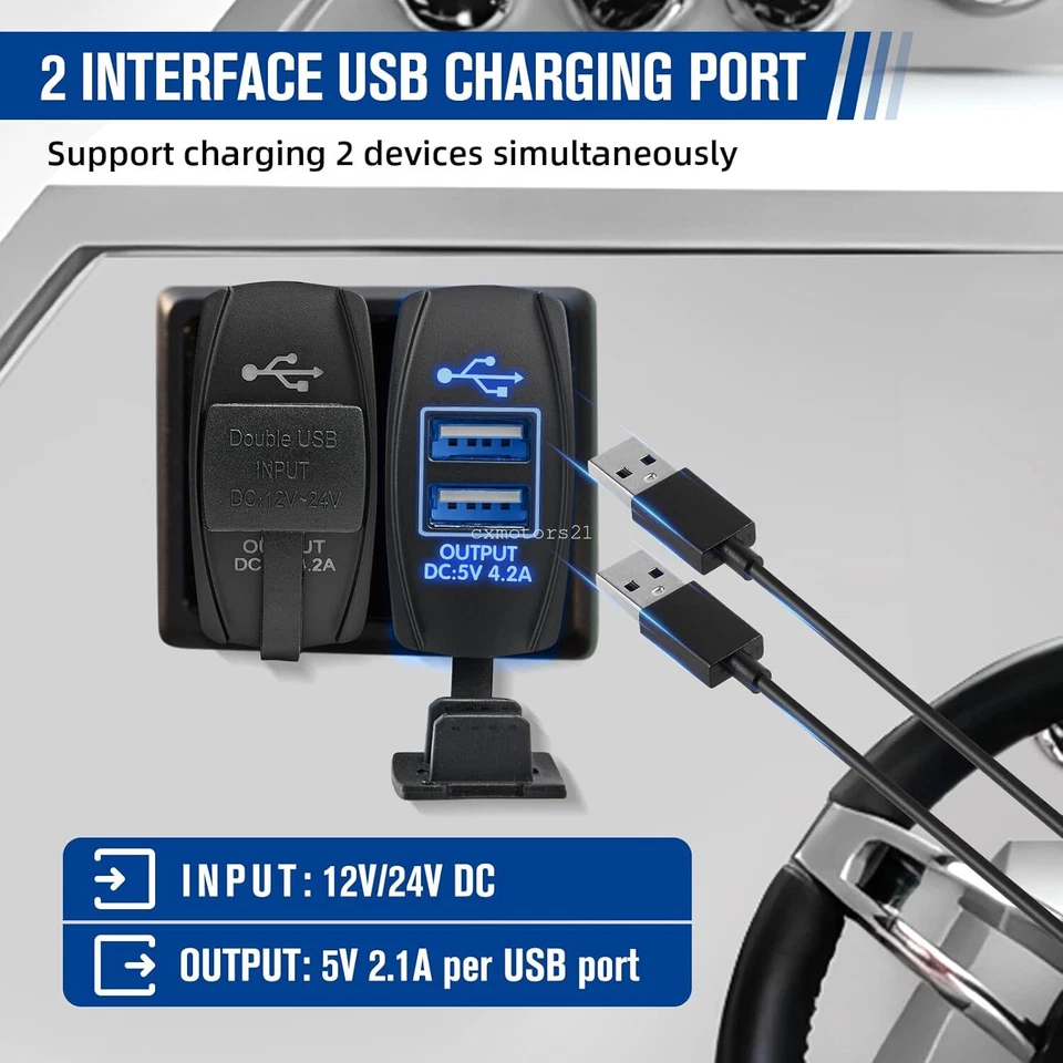 Interruptor basculante cargador USB doble 4,2 A LED azul para Can Am Commander 800 1000 Max Foto 3 de 4