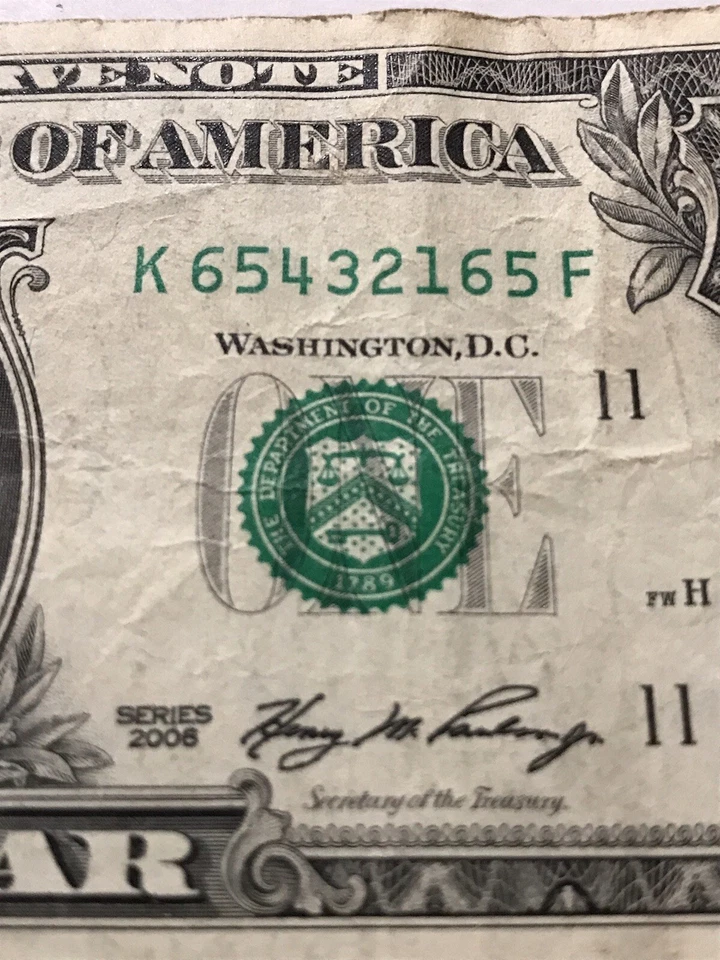 2006 $1 One Dollar Bill 6 5 4 3 2 1 Descending Ladder Repeater Note 65432165 - Image 3 of 4