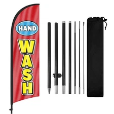 Hand Wash Feather Flag 8FT Banner with Pole and Stake for Car Wash Business