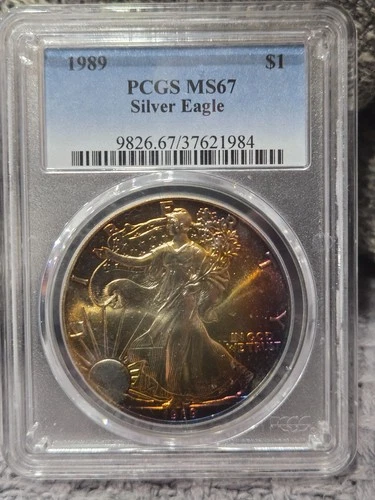 1989 AMERICAN SILVER EAGLE PCGS MS67 MONSTER  RAINBOW TONED "RARE COIN"