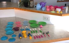 Various Doll plastic tea sets + other toys mixed lot of 52 pcs.