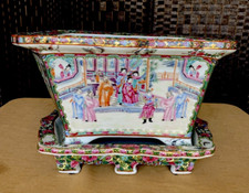 Antique Rose Medallion Rectangular Jardiniere & Under plate ~ Hand-Painted Qing