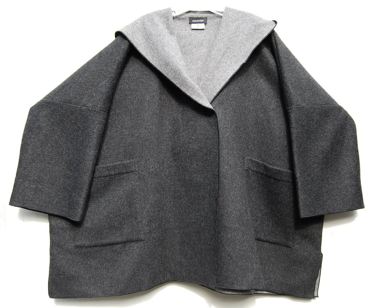 Eskandar CHARCOAL Two-Tone Hooded 90% Wool 10% Cashmere Boxy Coat (0)