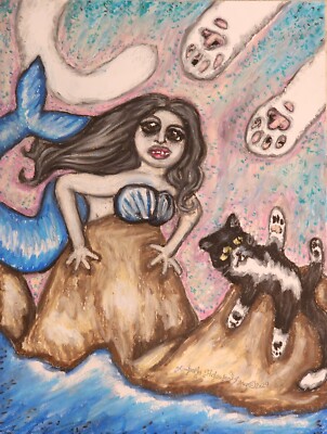 CRAZY CAT LADY MERMAID Folk Art Print 8 x 10 Signed by Artist KSams Toe Beans