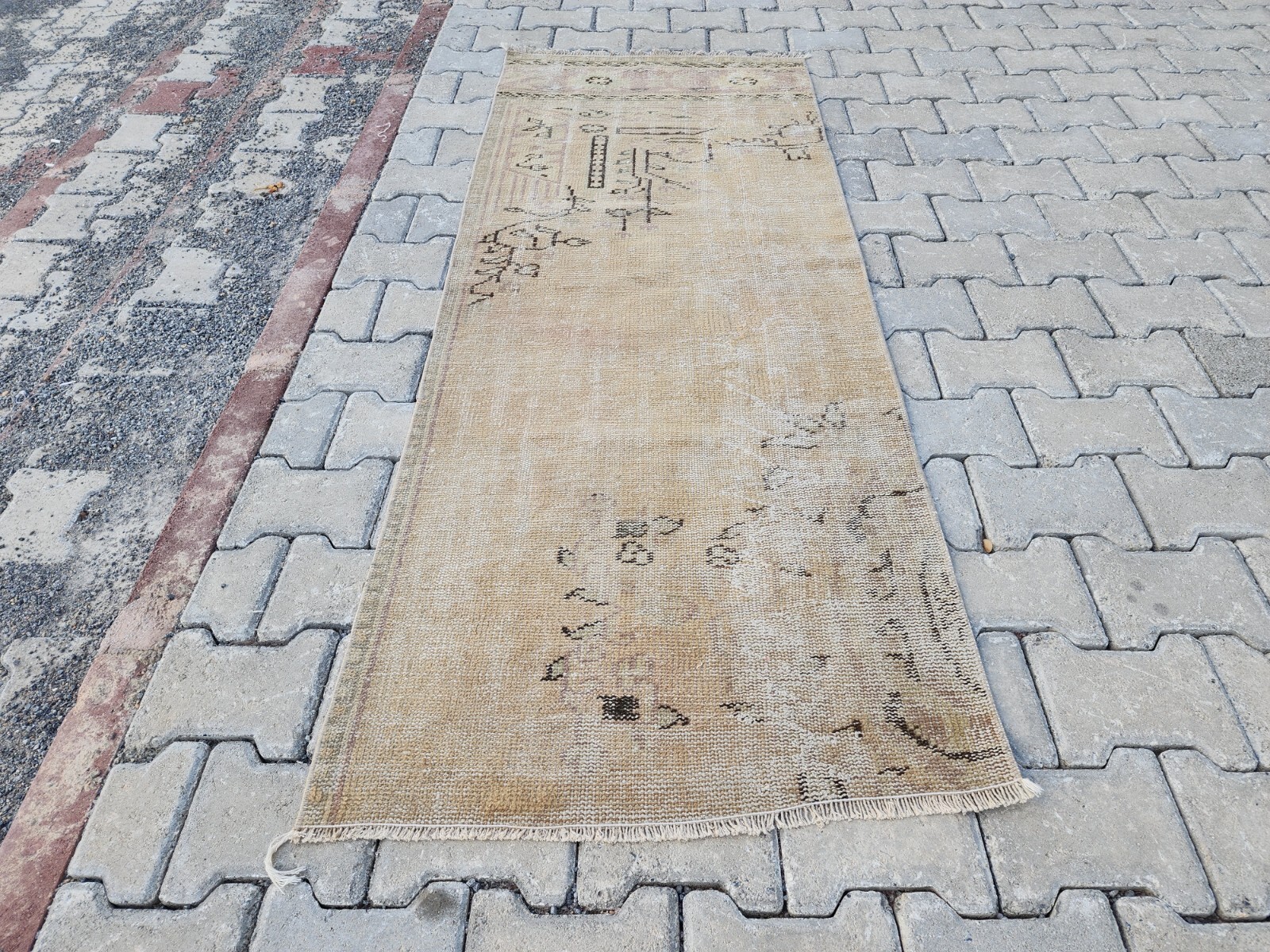 Vintage 2x6 Oushak Runner Rug in Faded Beige Tan Distressed Style