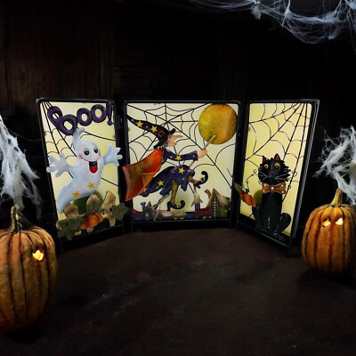 3 Panels Halloween Witch Ghost Black Cat Screen Metal Glass Free Stand Fall 18 W