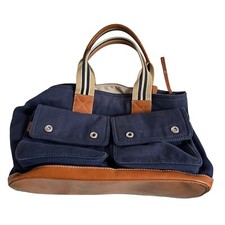 Pottery Barn Kids diaper tote bag navy blue canvas brown leather top handles