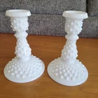 2 Fenton Glass Candlestick Holder White Milk Glass Hobnail 6” Tall Tapers Pair