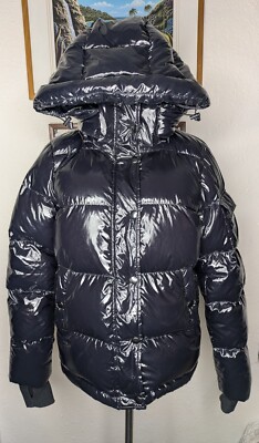 AQUA Womens Button Zipped Long Sleeve Black Lacquer Hooded Down Puffer Coat XS 