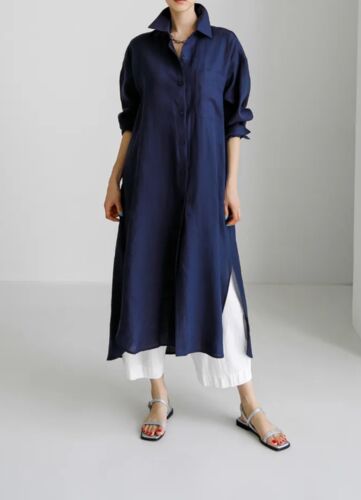Ladies Blue Floaty Designer  Edgy Urban Shirt Long Lagenlook Casual Blouse 10 12 - Afbeelding 1 van 14