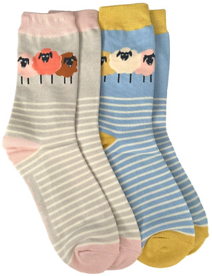 Schaf Socken 2 Paar Pack Damen blau grau gestreift Streifen Bambus Baumwollmischung Neu